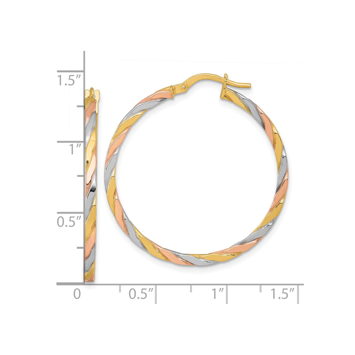 10k Yellow Gold Hoop Earrings, Twisted Tricolor Design with Rhodium Finish
