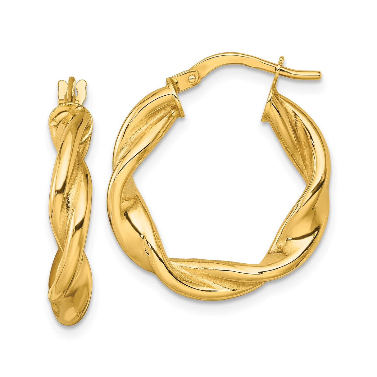 10k Yellow Gold Hoop Earrings with Twisted Polished Rope Texture, Bold Lightweight Design