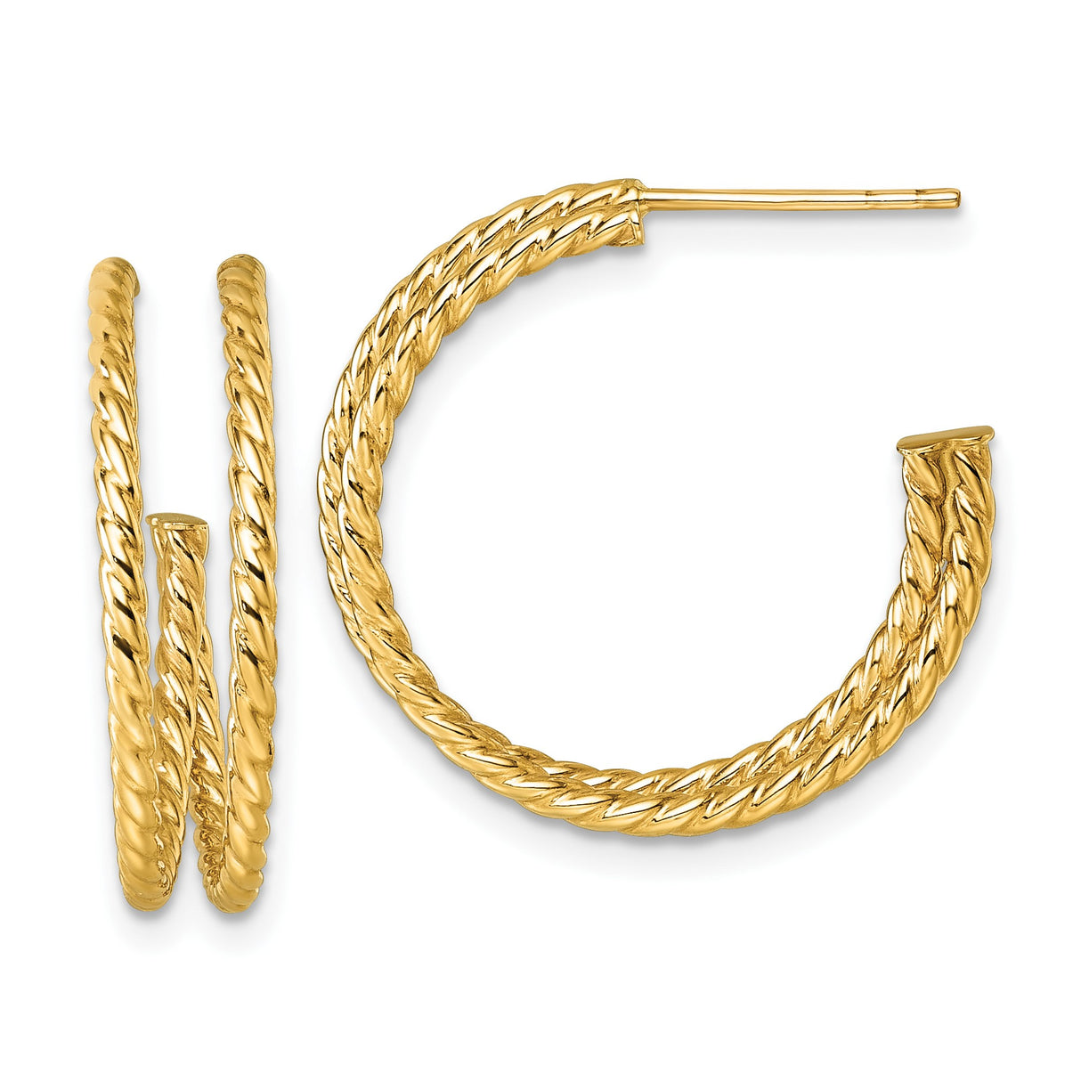 10k Yellow Gold Hoop Earrings, Twisted Rope C-Hoop Design with High Polish Finish