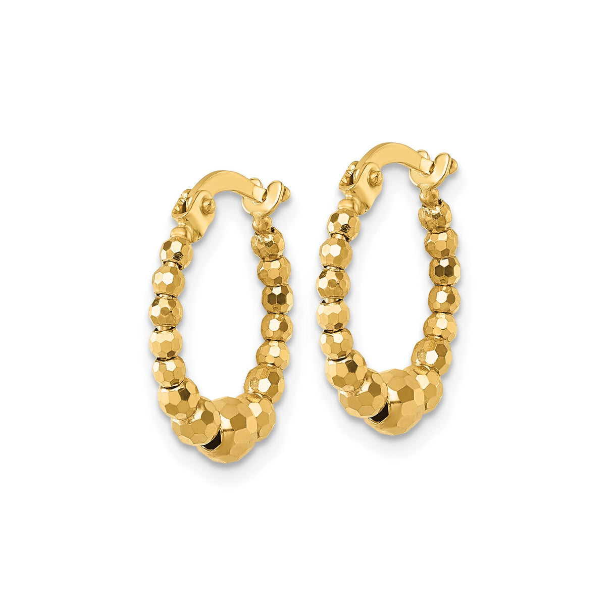 10k Yellow Gold Hoop Earrings with Faceted Beaded Texture and Polished Finish