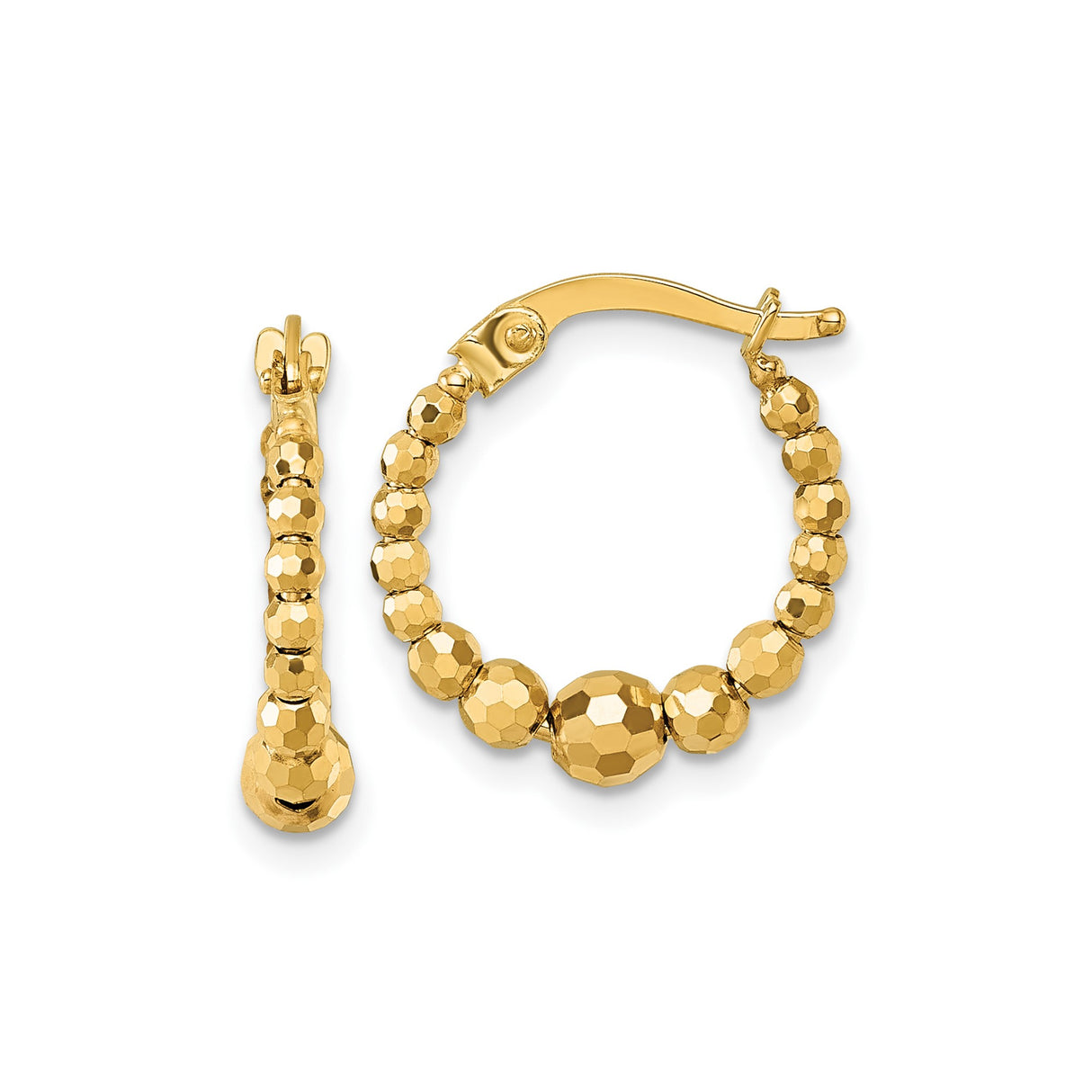 10k Yellow Gold Hoop Earrings with Faceted Beaded Texture and Polished Finish