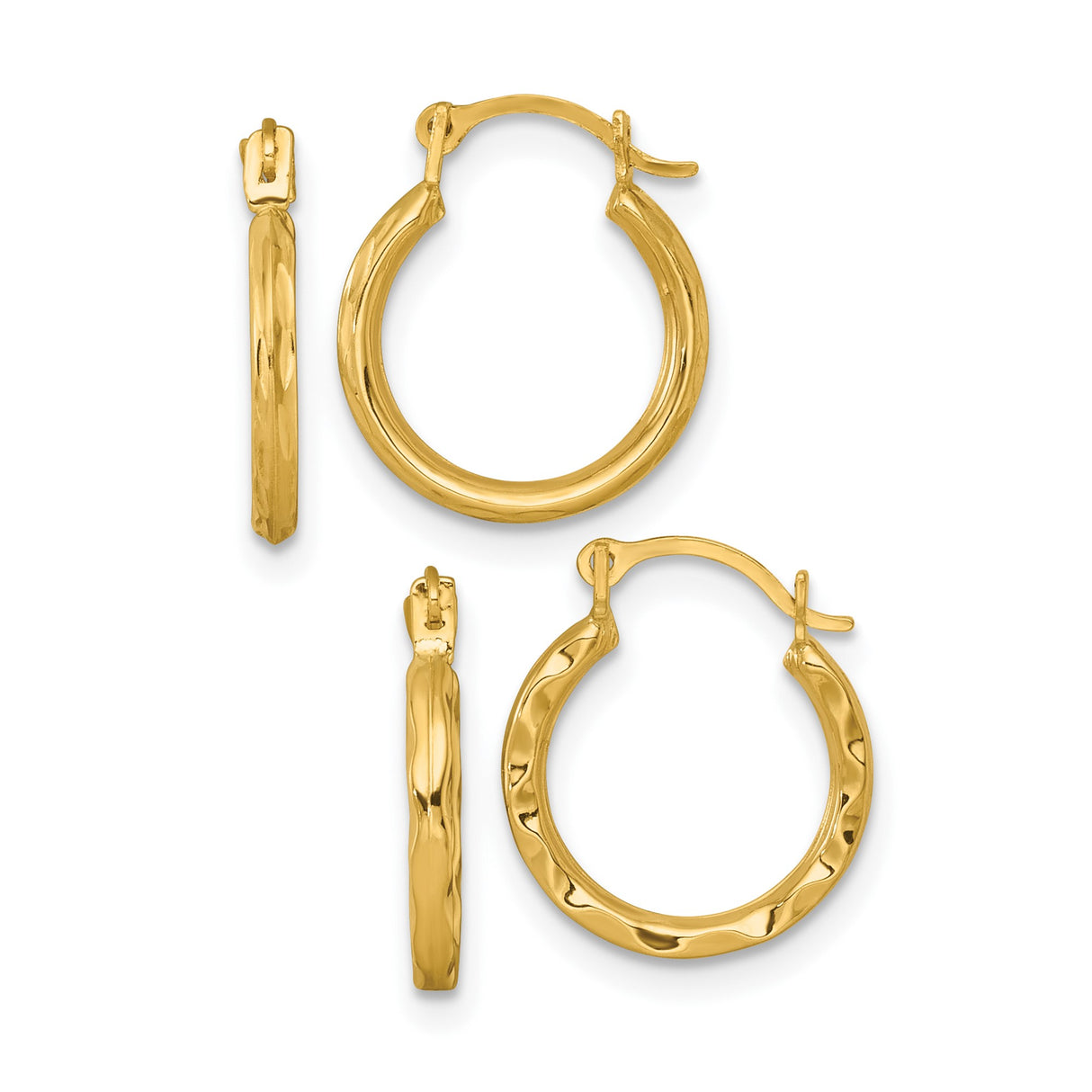 10k Yellow Gold Hoop Earrings with Twisted Texture, Lightweight Polished Round Hoops for Women