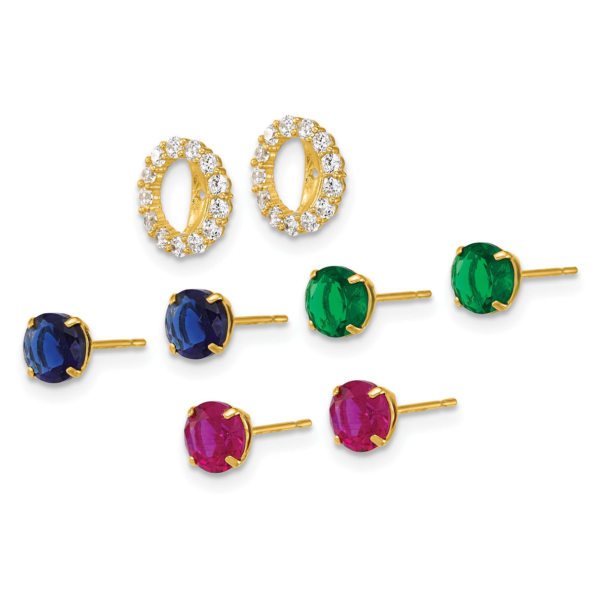 10k Yellow Gold Stud Earrings with Sapphire, Emerald, Ruby, and Cubic Zirconia Accent