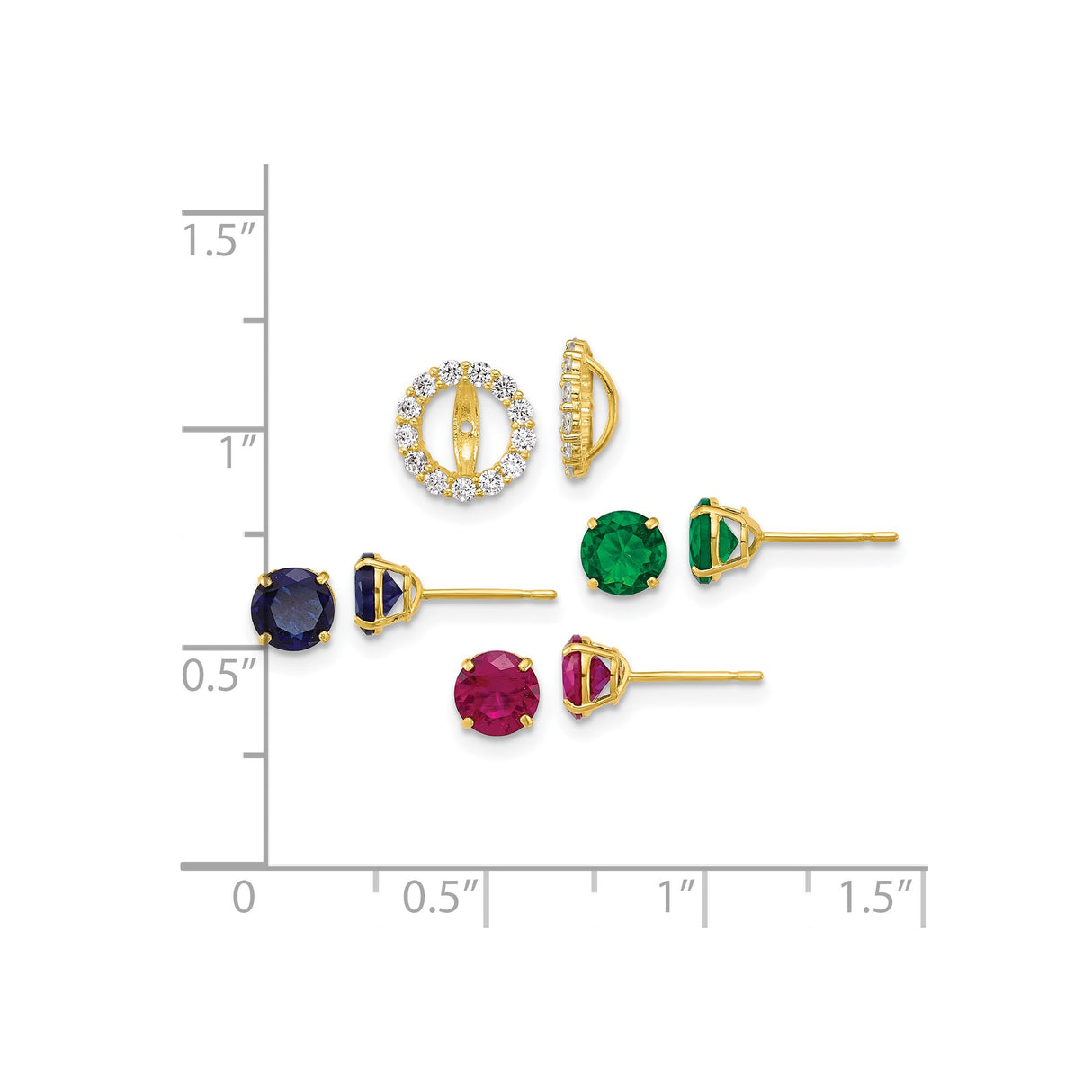 10k Yellow Gold Stud Earrings with Sapphire, Emerald, Ruby, and Cubic Zirconia Accent