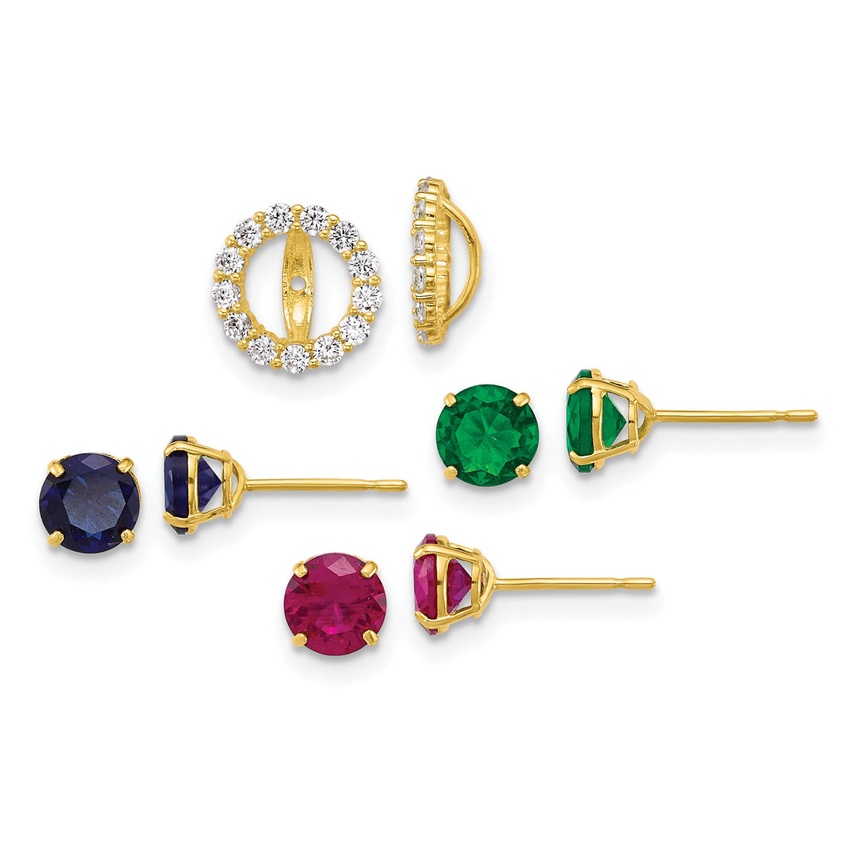 10k Yellow Gold Stud Earrings with Sapphire, Emerald, Ruby, and Cubic Zirconia Accent