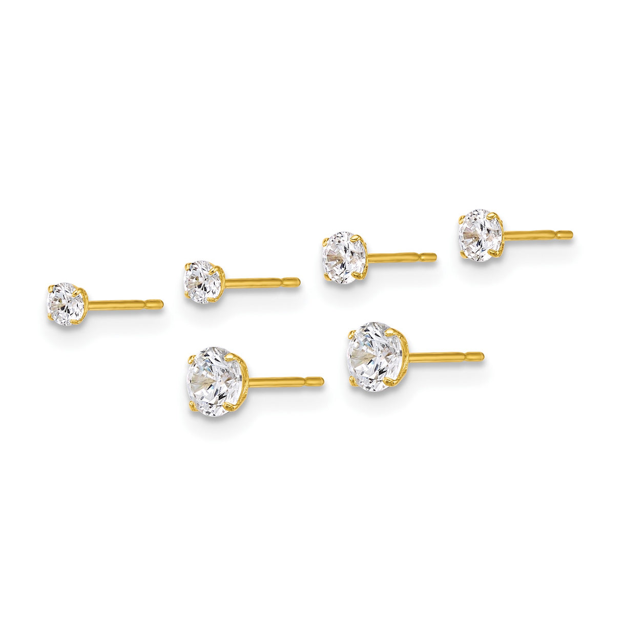 10k Yellow Gold Stud Earrings with Round Cubic Zirconia, Graduated Sizes, Minimalist Stackable Design