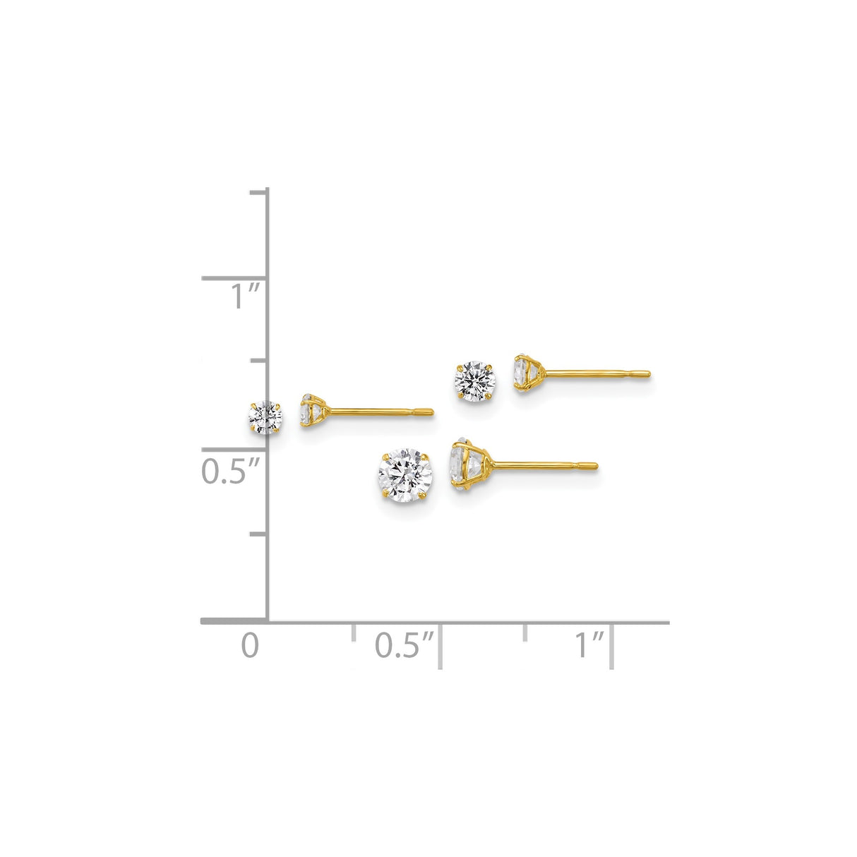 10k Yellow Gold Stud Earrings with Round Cubic Zirconia, Graduated Sizes, Minimalist Stackable Design