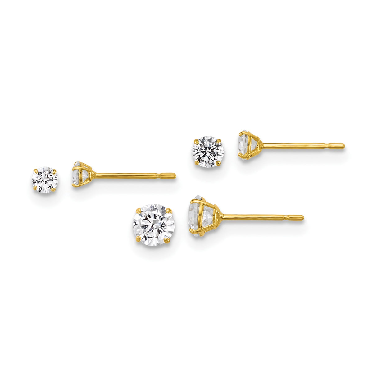 10k Yellow Gold Stud Earrings with Round Cubic Zirconia, Graduated Sizes, Minimalist Stackable Design