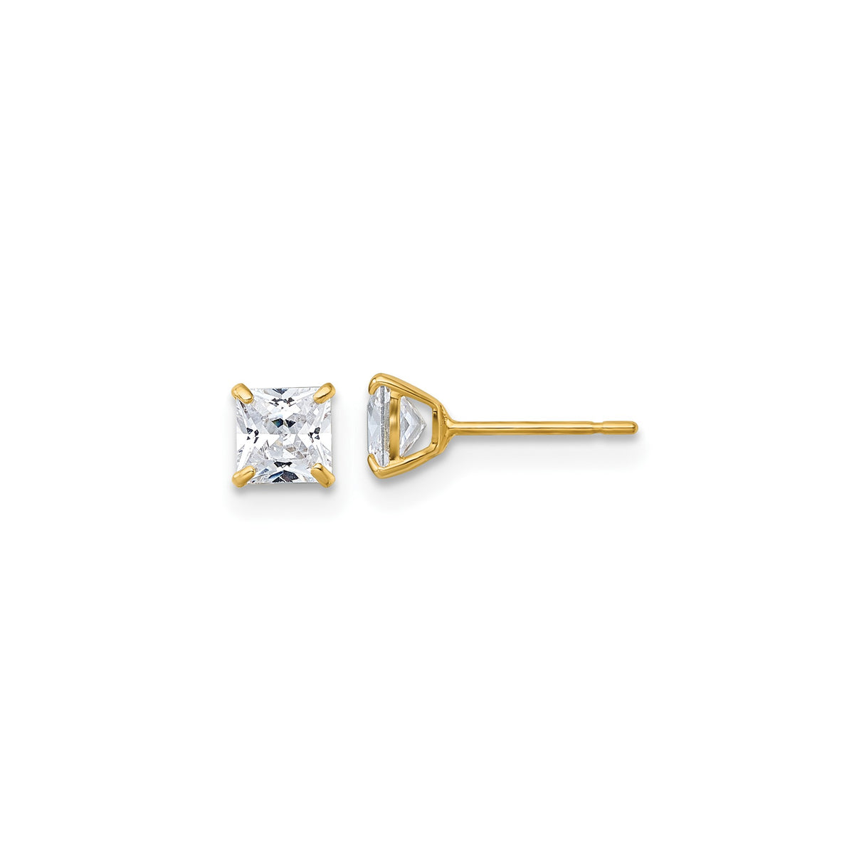 10k Yellow Gold Stud Earrings with Princess Cut Cubic Zirconia, Square Minimalist Design