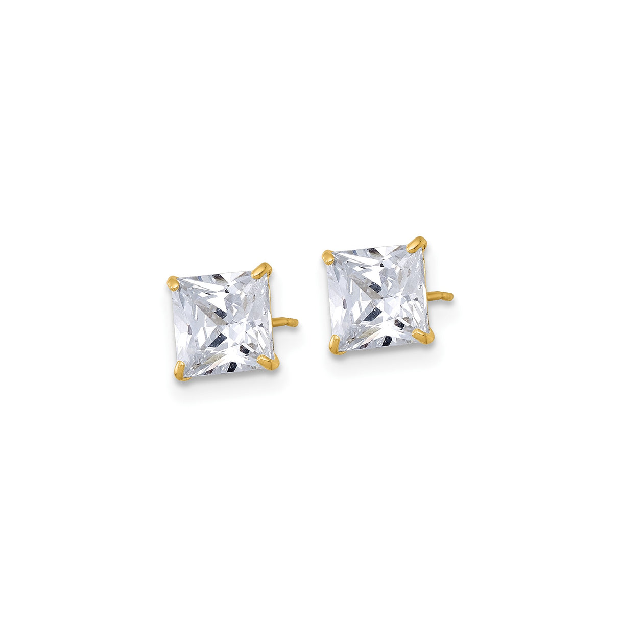 10k Yellow Gold Stud Earrings with Princess Cut Cubic Zirconia, Four Prong Setting