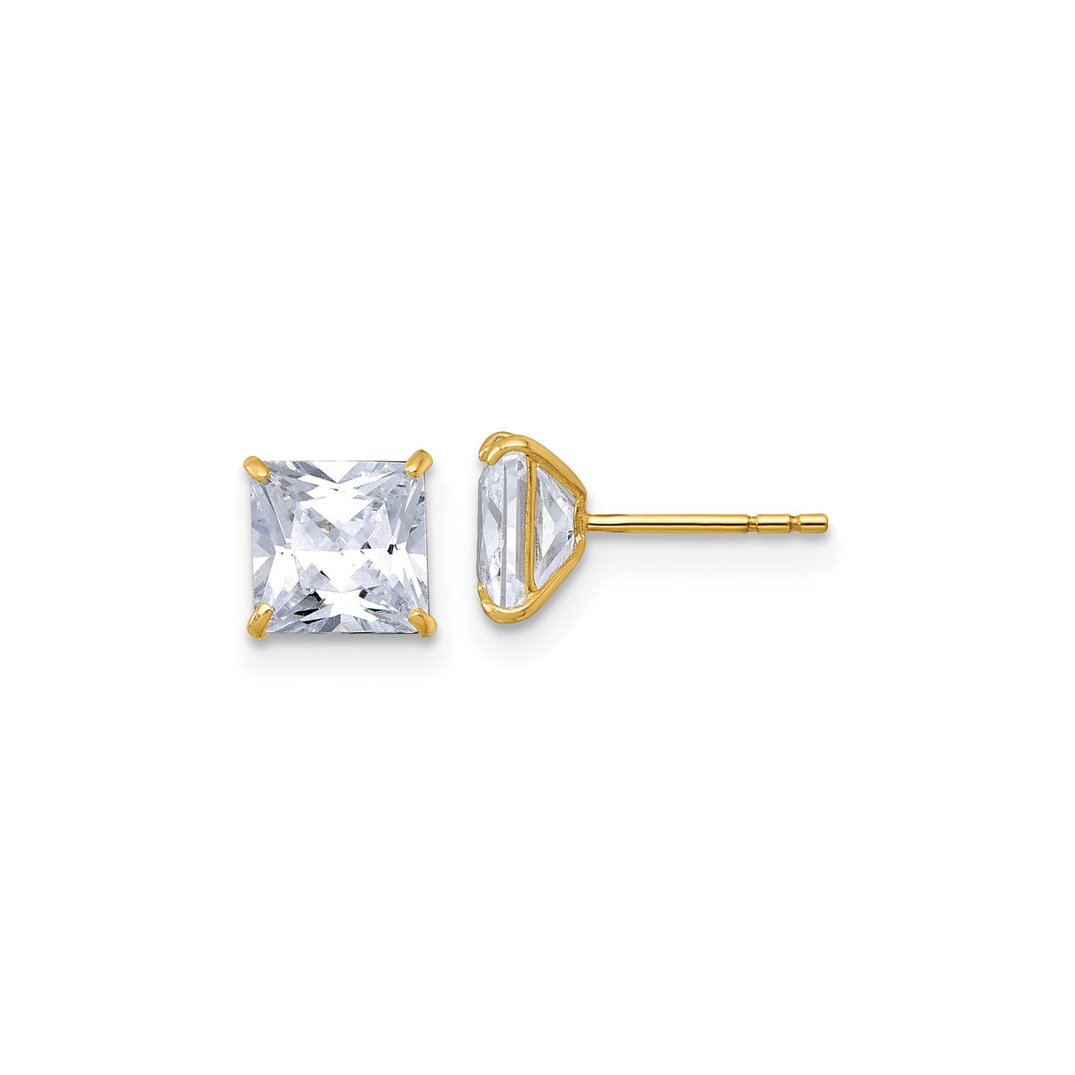 10k Yellow Gold Stud Earrings with Princess Cut Cubic Zirconia, Four Prong Setting