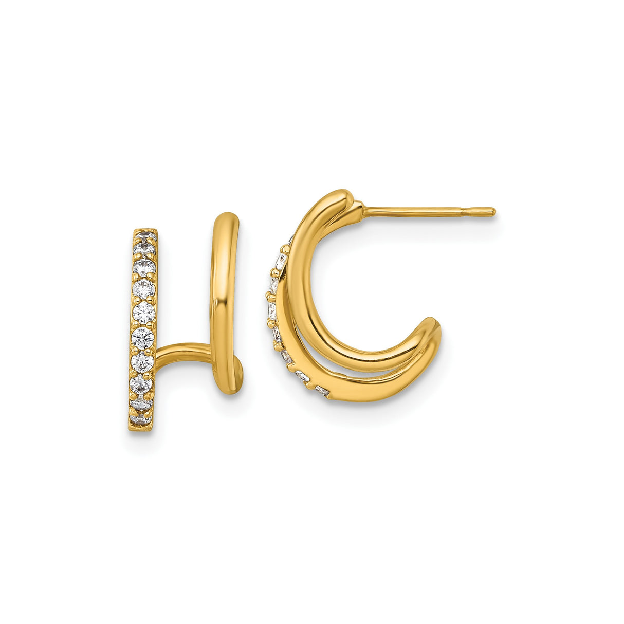 10k Yellow Gold Hoop Earrings with Cubic Zirconia, Double Row Modern Design
