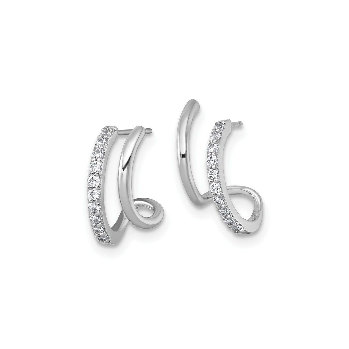 10k White Gold Double Hoop Earrings with Cubic Zirconia, Polished Modern Design for Women