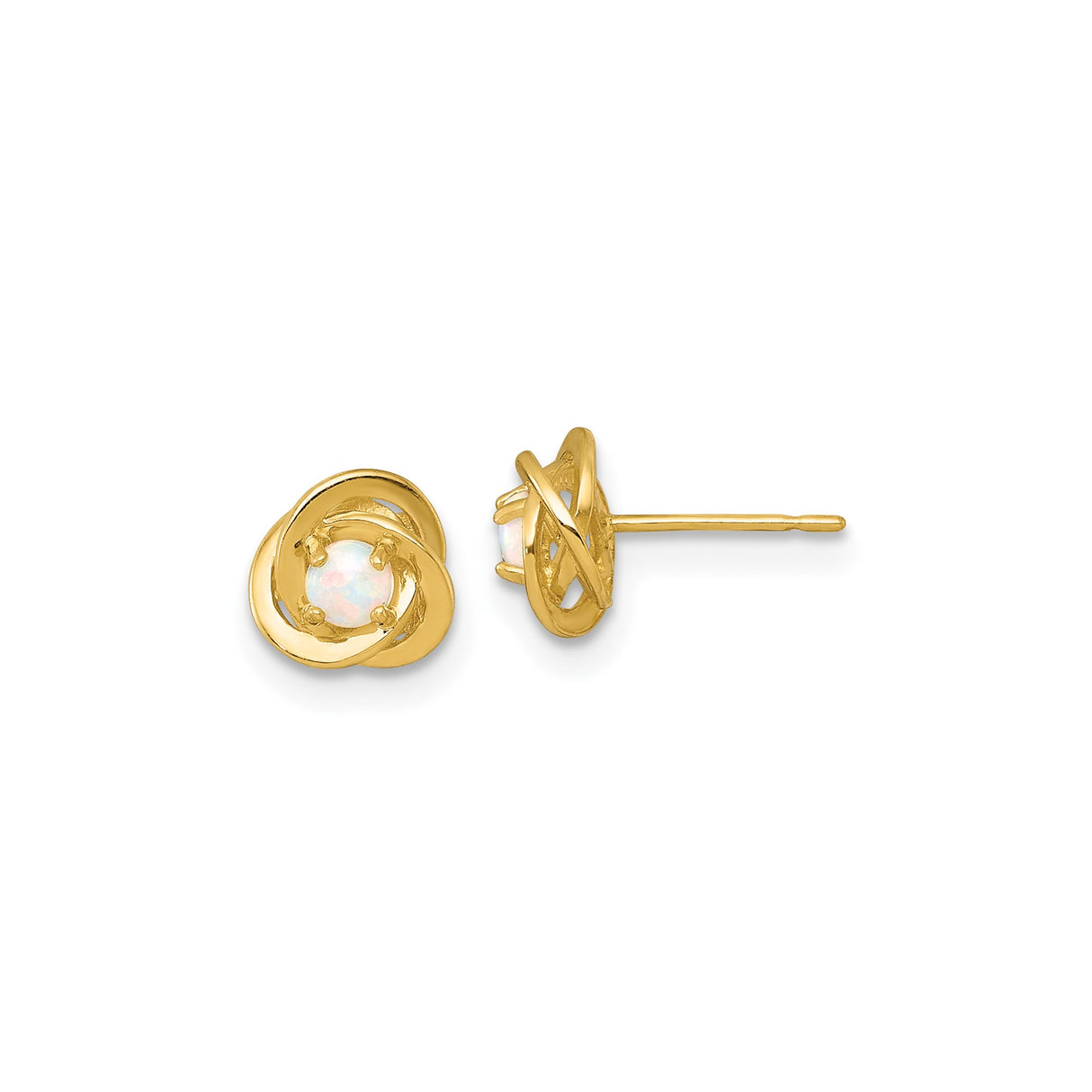 10k Yellow Gold Stud Earrings with Created Opal in Interwoven Love Knot Design