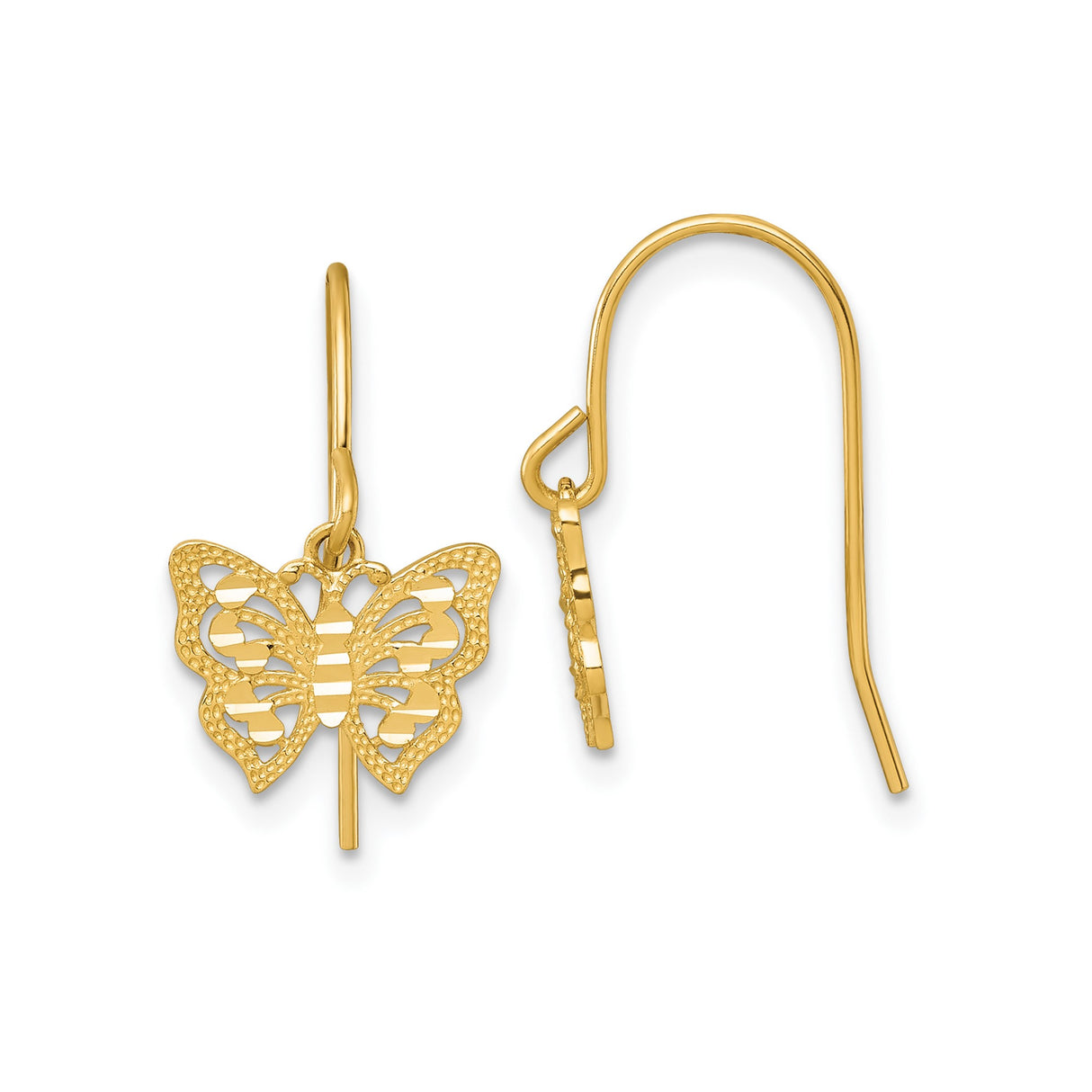 10k Yellow Gold Butterfly Dangle Earrings with Filigree Design for Women