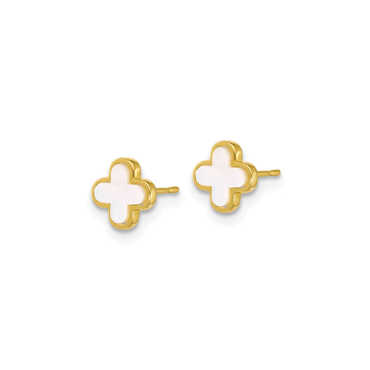 10k Yellow Gold Stud Earrings with Mother of Pearl, Quatrefoil Clover Design, Minimalist Style