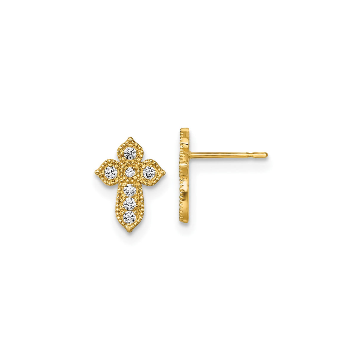 10k Yellow Gold Cross Stud Earrings with Cubic Zirconia, Christian Religious Jewelry for Women