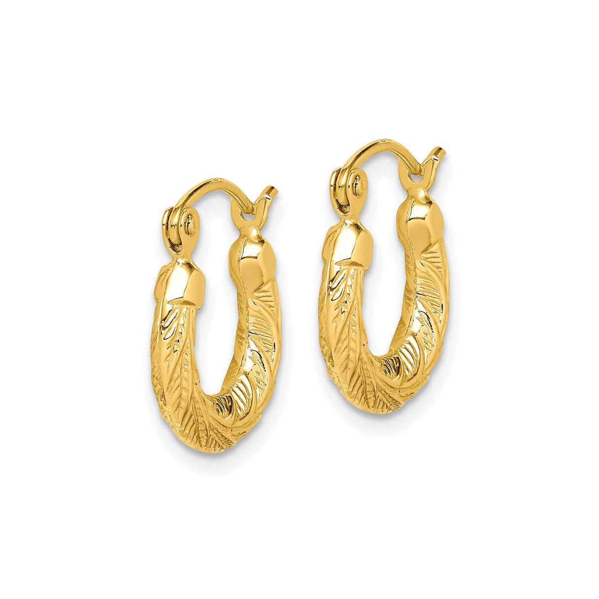 10k Yellow Gold Hoop Earrings with Leaf Pattern, Lightweight Botanical Design for Women