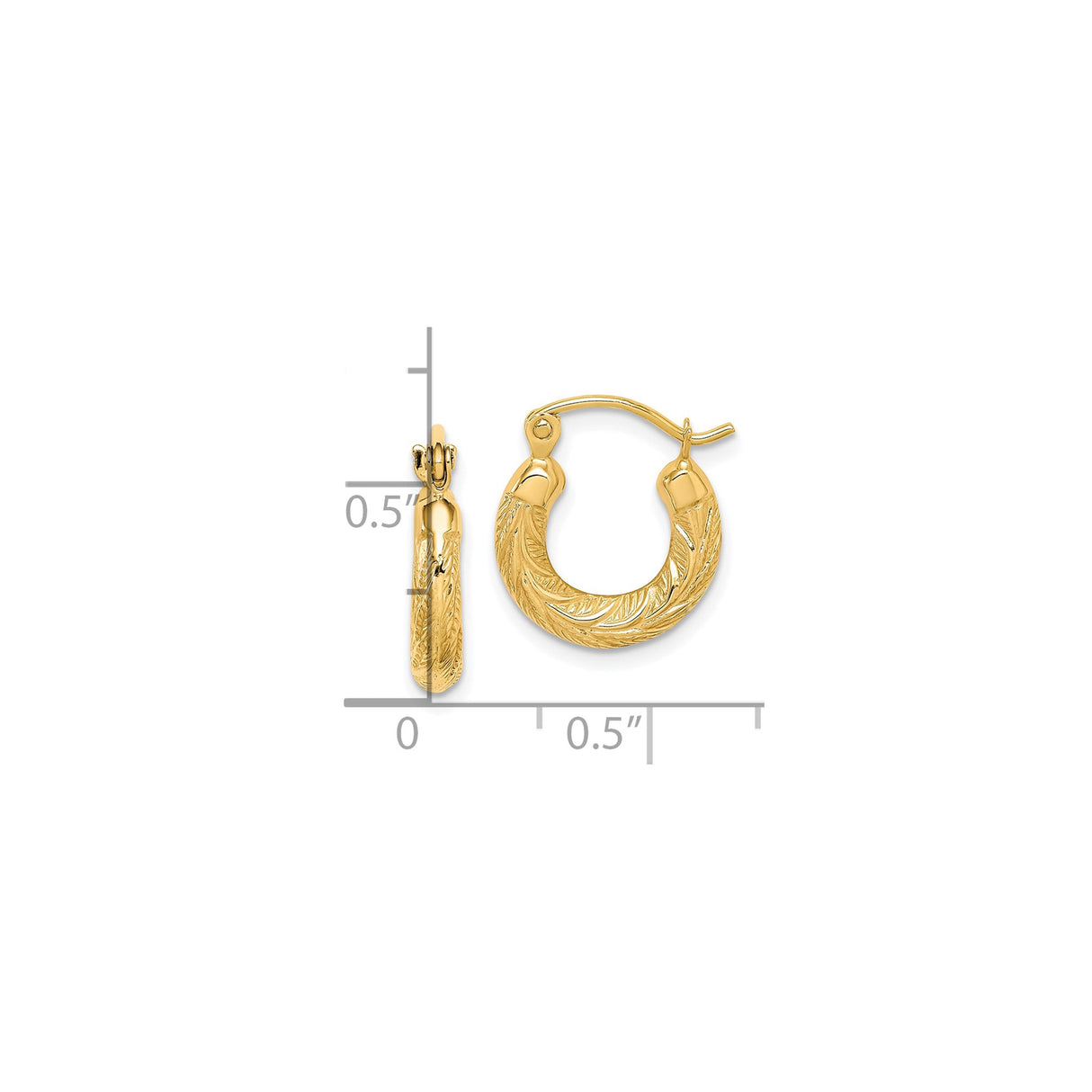 10k Yellow Gold Hoop Earrings with Leaf Pattern, Lightweight Botanical Design for Women