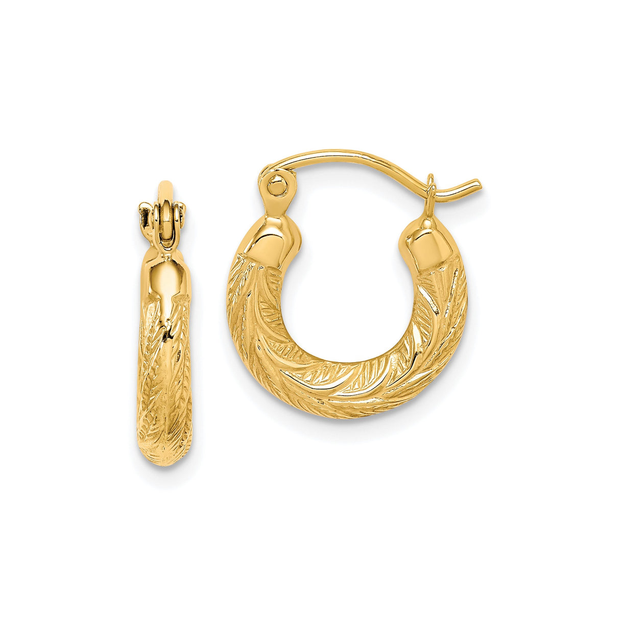 10k Yellow Gold Hoop Earrings with Leaf Pattern, Lightweight Botanical Design for Women