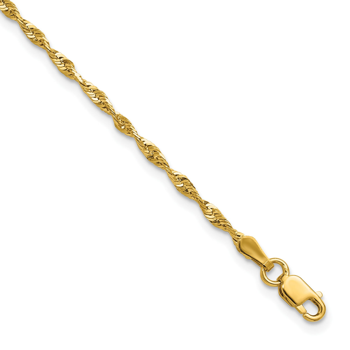 10K Yellow Gold 2 mm Rope Chain Bracelet, Polished detail view