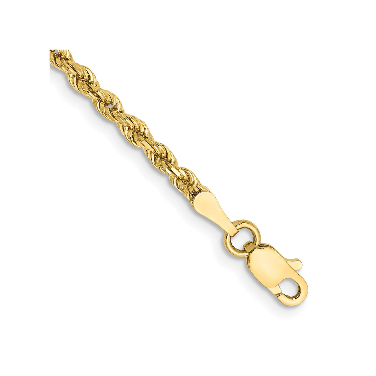 10K Yellow Gold 2.25 mm Rope Chain Bracelet, Polished detail view
