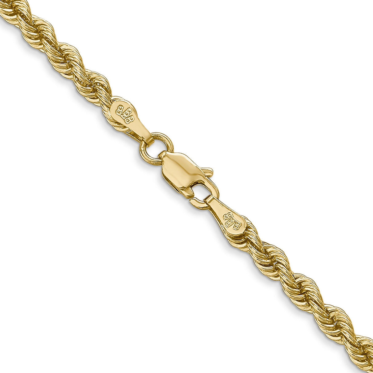 10K Yellow Gold 3 mm Rope Chain Necklace, Polished alternate angle