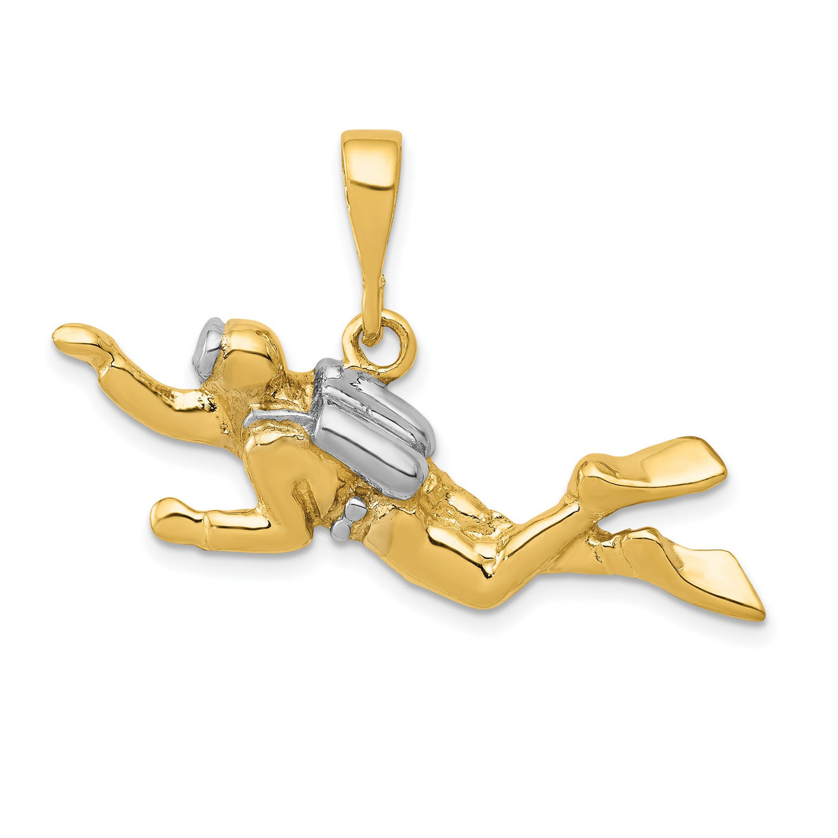 10k Multi-Tone Gold Scuba Diver Pendant with Detailed Gear and Fins, Nautical Adventure Charm