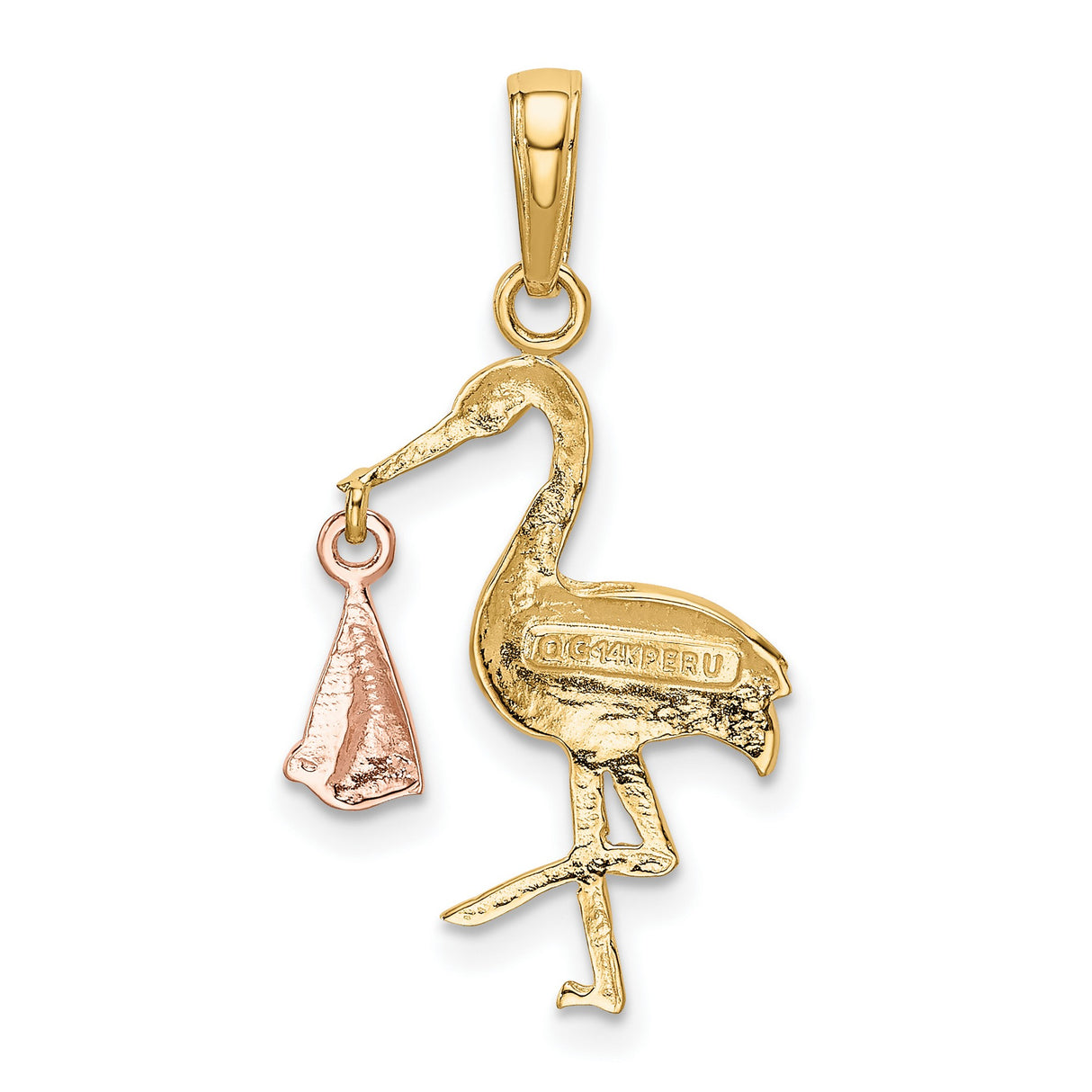 10k Two-Tone Gold Stork Pendant with Rose Gold Baby Bundle, Symbol of Motherhood and New Beginnings