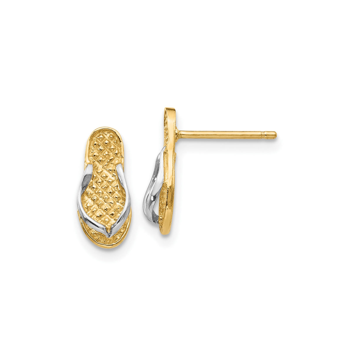 10k Yellow Gold Flip-Flop Stud Earrings with Rhodium Accent, Textured Sandal Design