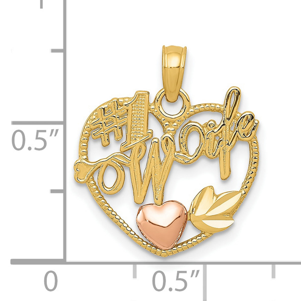10k Two-Tone Gold Heart Pendant with #1 Wife Script and Rose Gold Leaf Accent