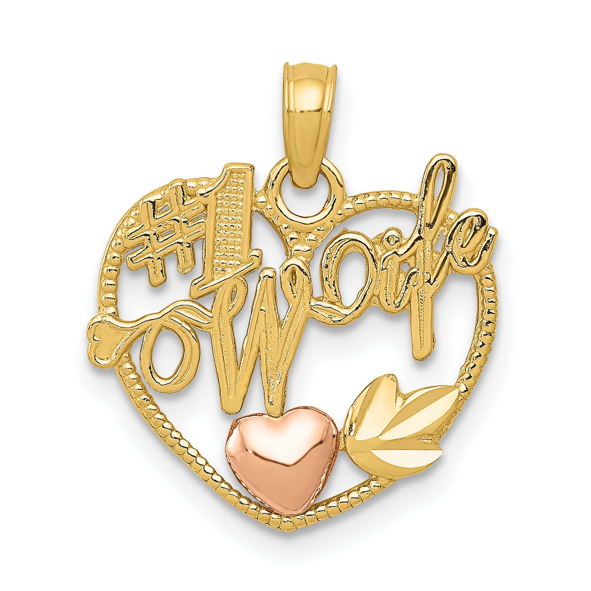 10k Two-Tone Gold Heart Pendant with #1 Wife Script and Rose Gold Leaf Accent