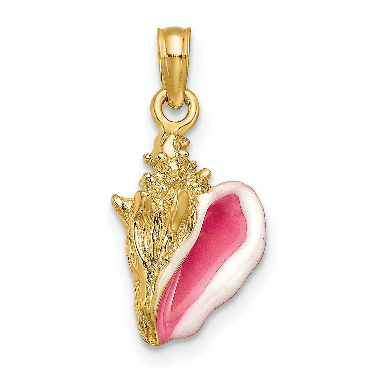 10k Yellow Gold Conch Shell Pendant with Pink and White Enamel, Coastal Ocean Charm