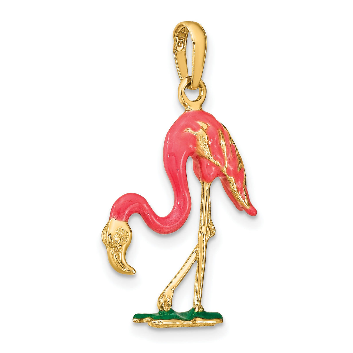 10k Yellow Gold Flamingo Pendant with Pink and Green Enamel, Tropical Bird Charm for Women
