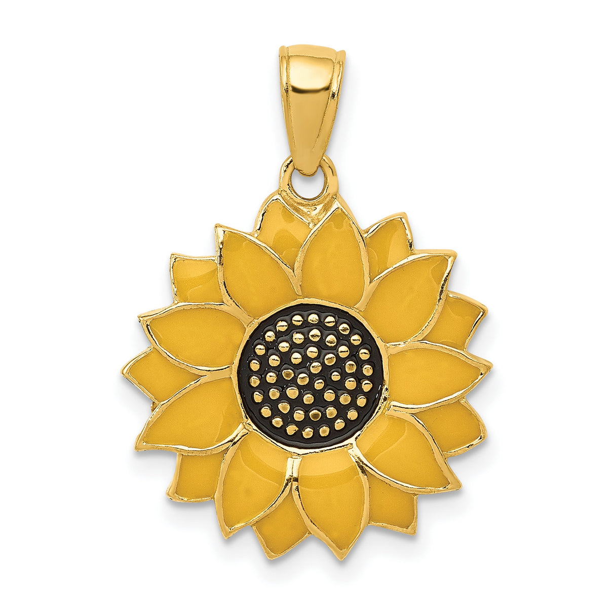 10k Yellow Gold Sunflower Pendant with Enamel Petals and Textured Center, Nature-Inspired Floral Jewelry