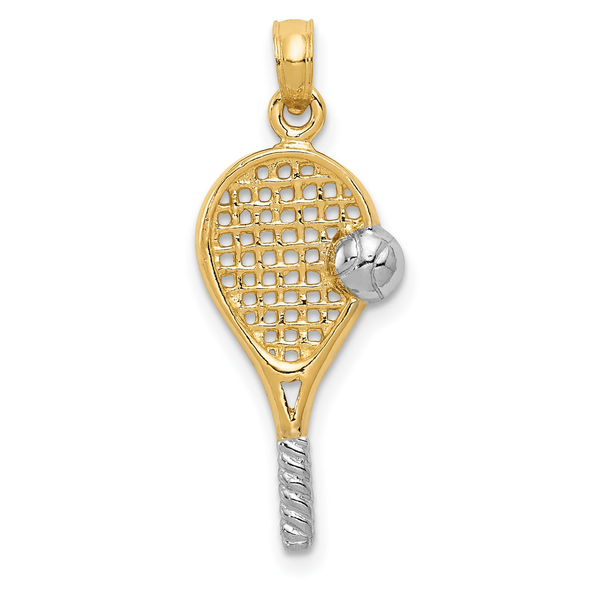 10k Multi-Tone Gold Tennis Racket Pendant with Ball Detail, Sports Charm for Athletes and Fans