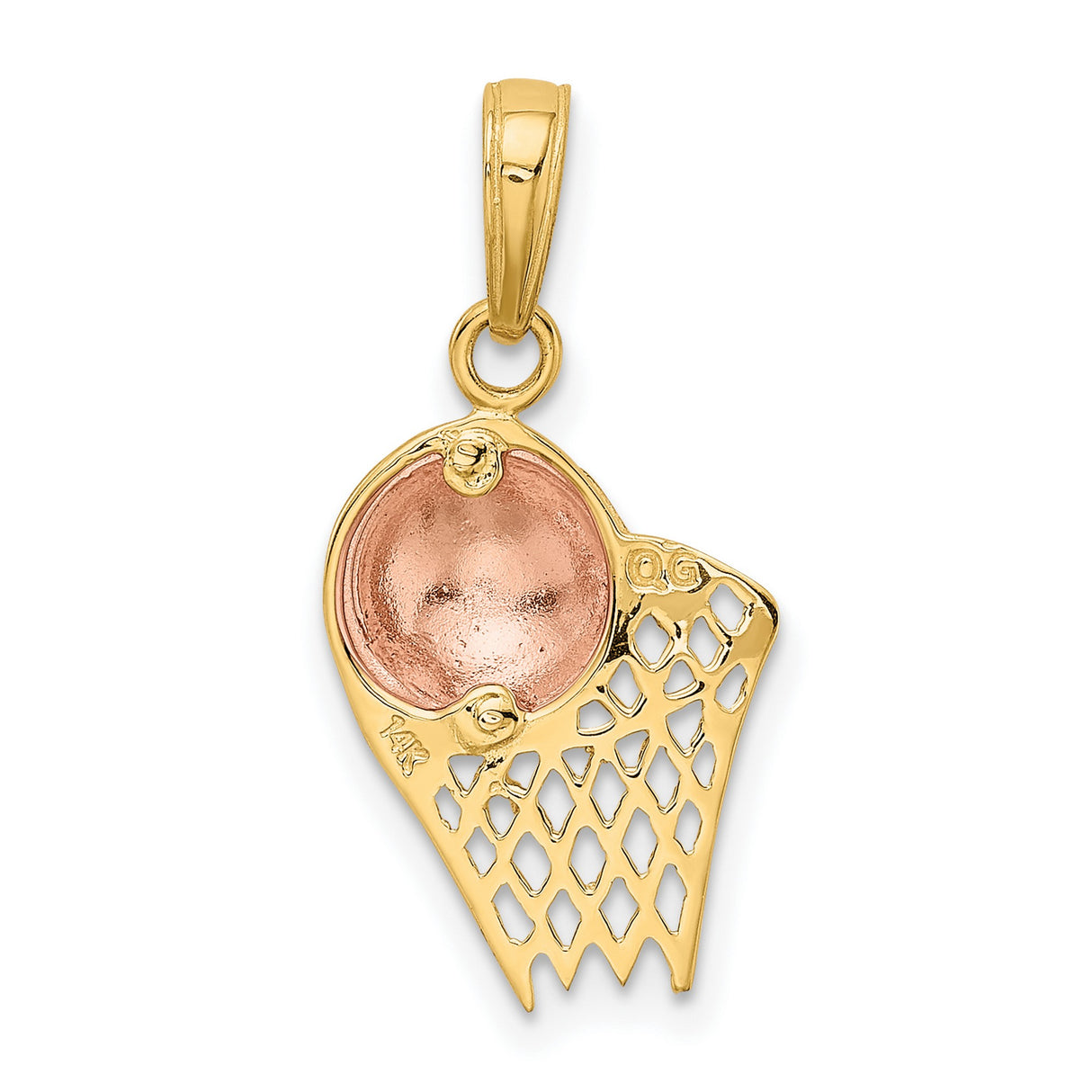 10k Two-Tone Gold Basketball Hoop Pendant with Rose Gold Ball, Unisex Sports Charm