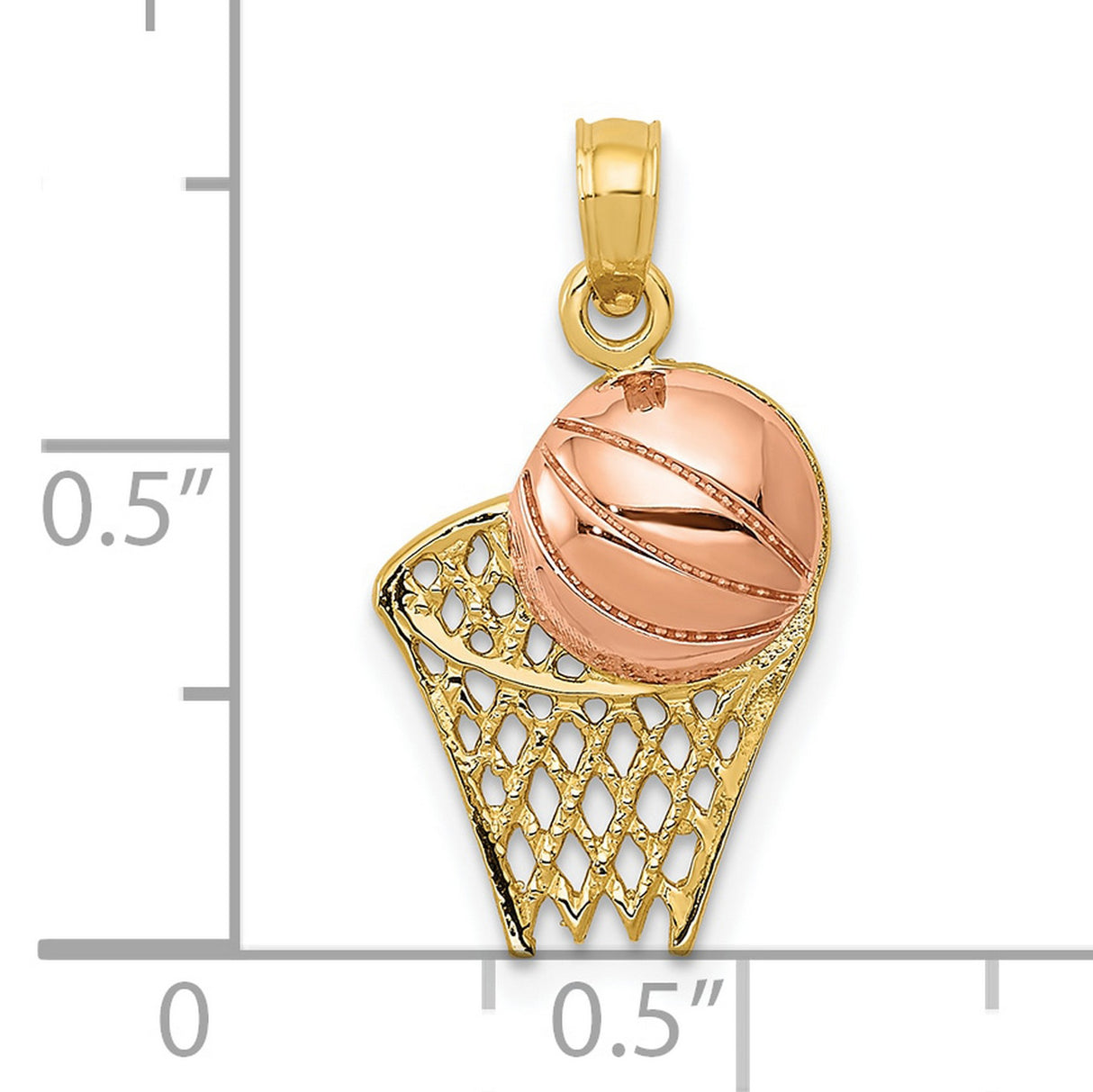 10k Two-Tone Gold Basketball Hoop Pendant with Rose Gold Ball, Unisex Sports Charm