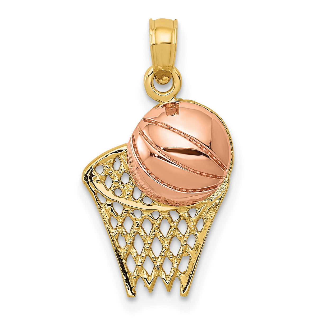 10k Two-Tone Gold Basketball Hoop Pendant with Rose Gold Ball, Unisex Sports Charm