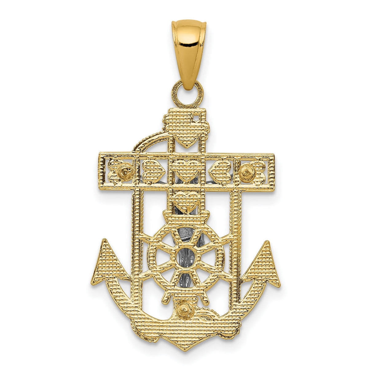 10k Two-Tone Gold Crucifix Anchor Pendant with Christ Figure and Ship Wheel Design