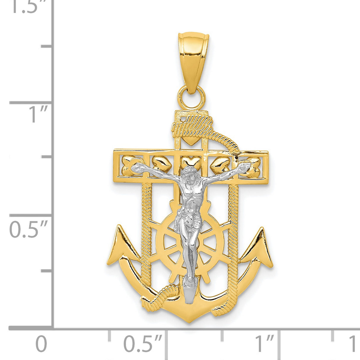 10k Two-Tone Gold Crucifix Anchor Pendant with Christ Figure and Ship Wheel Design