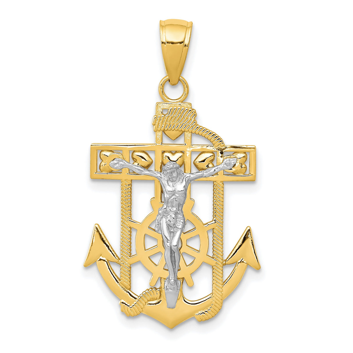 10k Two-Tone Gold Crucifix Anchor Pendant with Christ Figure and Ship Wheel Design