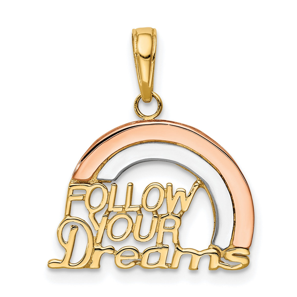 10k Two-Tone Gold Pendant, Rainbow Follow Your Dreams Design, Inspirational Message for Women