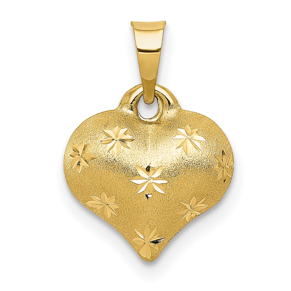 10k Yellow Gold Heart Pendant with Brushed Finish, Starburst and Floral Design