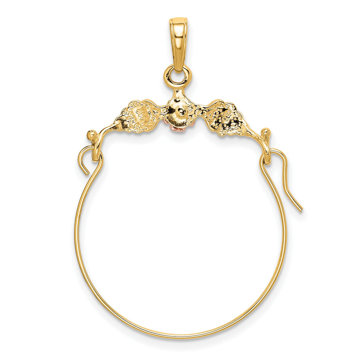 10k Two-Tone Gold Hoop Pendant with Pink Flower and Leaf Detailing, Nature Inspired Design