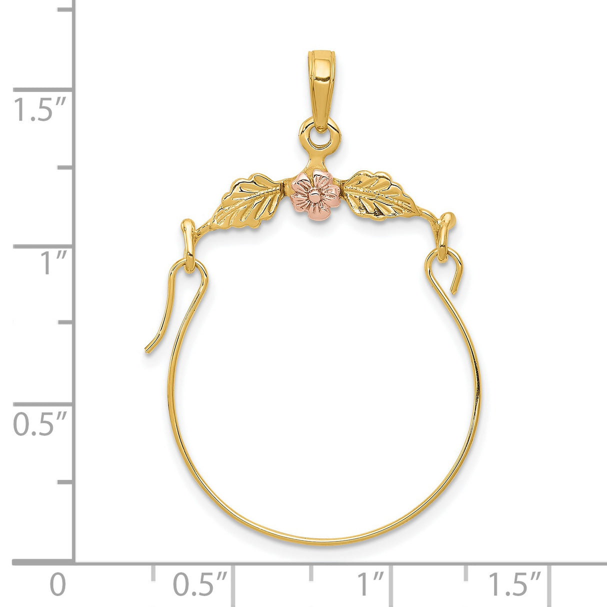 10k Two-Tone Gold Hoop Pendant with Pink Flower and Leaf Detailing, Nature Inspired Design