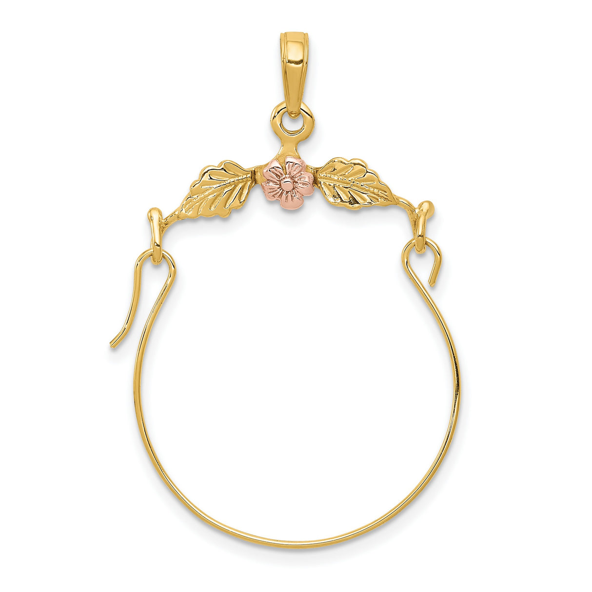 10k Two-Tone Gold Hoop Pendant with Pink Flower and Leaf Detailing, Nature Inspired Design