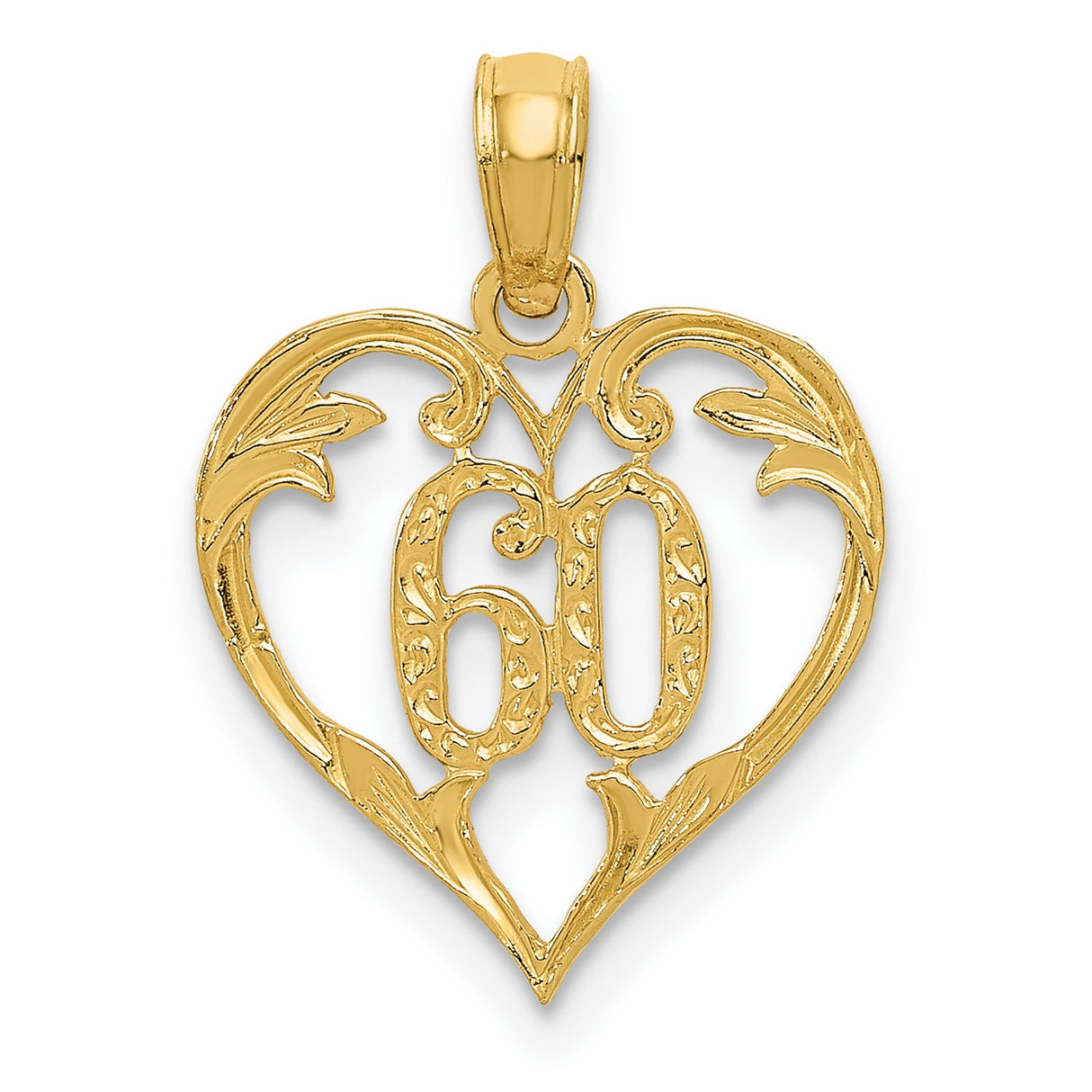 10k Yellow Gold Heart Pendant with Number 60 and Floral Scrollwork