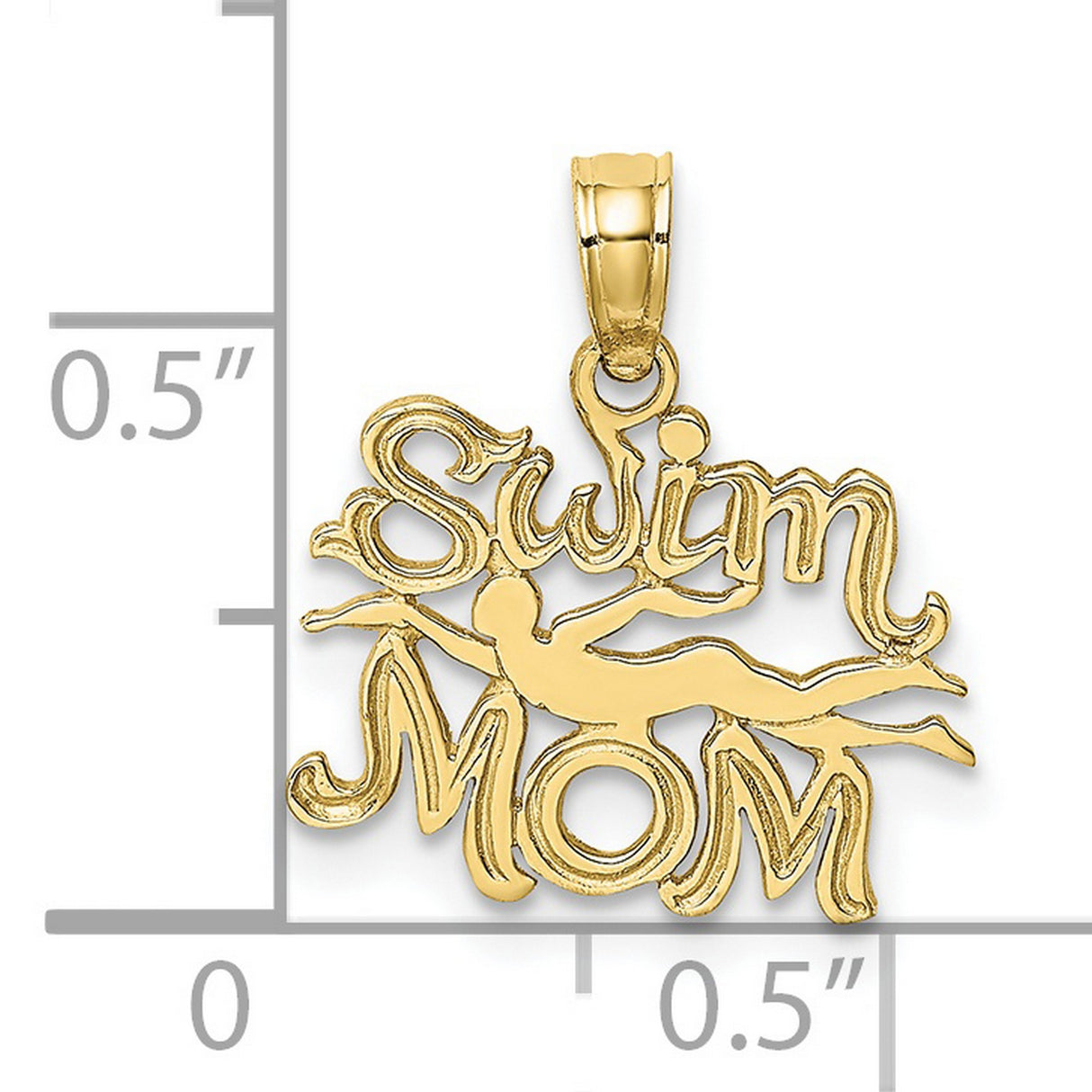 10k Yellow Gold Swim Mom Pendant with Swimmer Silhouette and Script Font