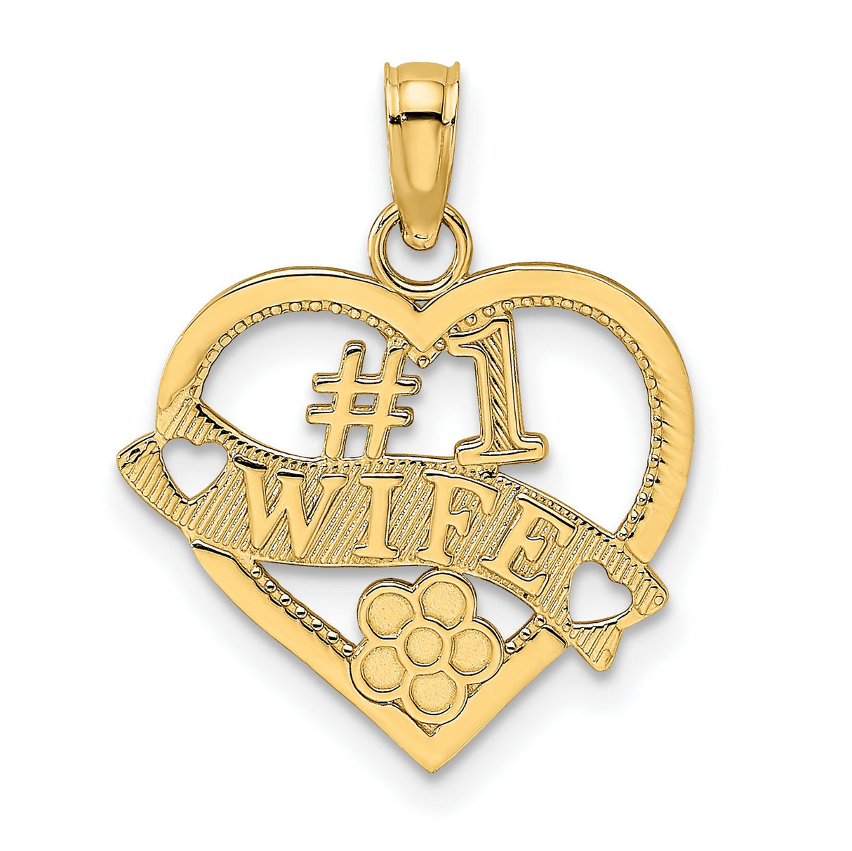 10k Yellow Gold Heart Pendant with Flower Design and Number 1 Wife Charm